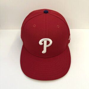 NEW ERA (7 1/2) Phillies 59Fifty Fitted Hat Red Low Profile On-Field Cap 7.5